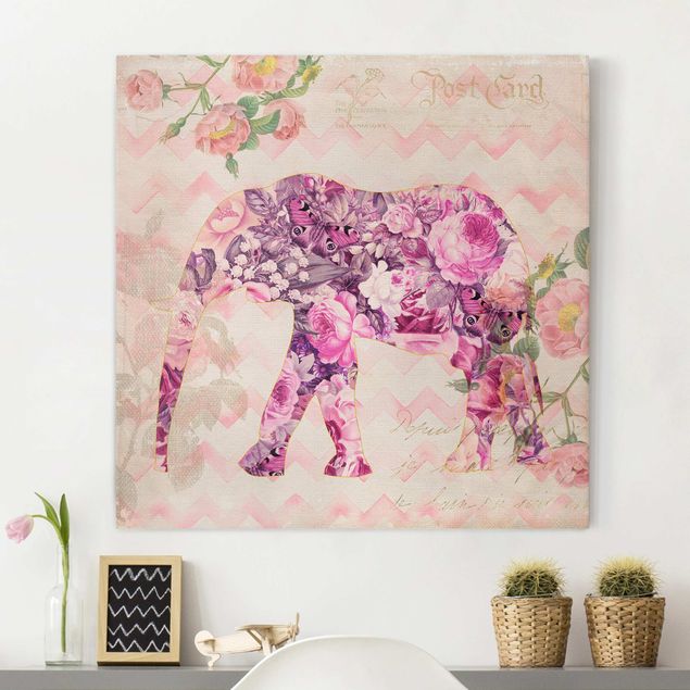 Canvastavlor elefanter Vintage Collage - Pink Flowers Elephant