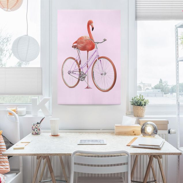 Canvastavlor konstutskrifter Flamingo With Bicycle