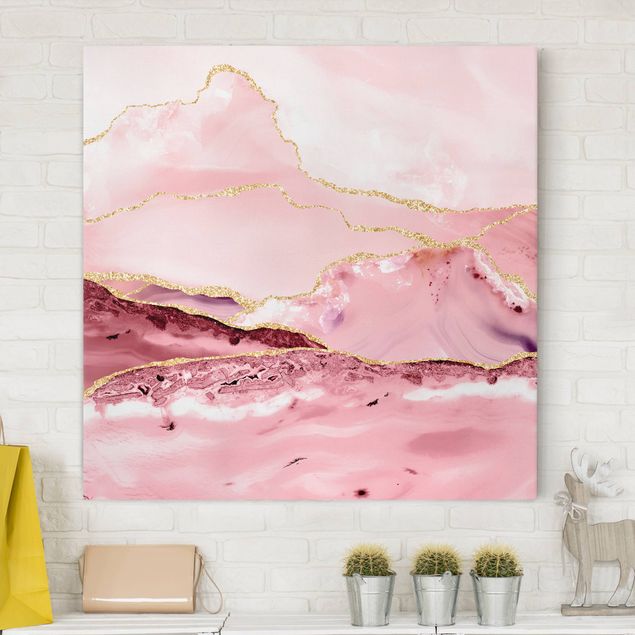 Kök dekoration Abstract Mountains Pink With Golden Lines