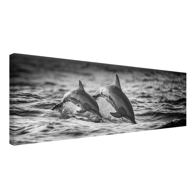 Canvastavlor svart och vitt Two Jumping Dolphins