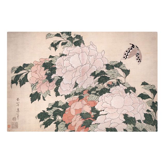 Tavlor fjärilar Katsushika Hokusai - Pink Peonies With Butterfly