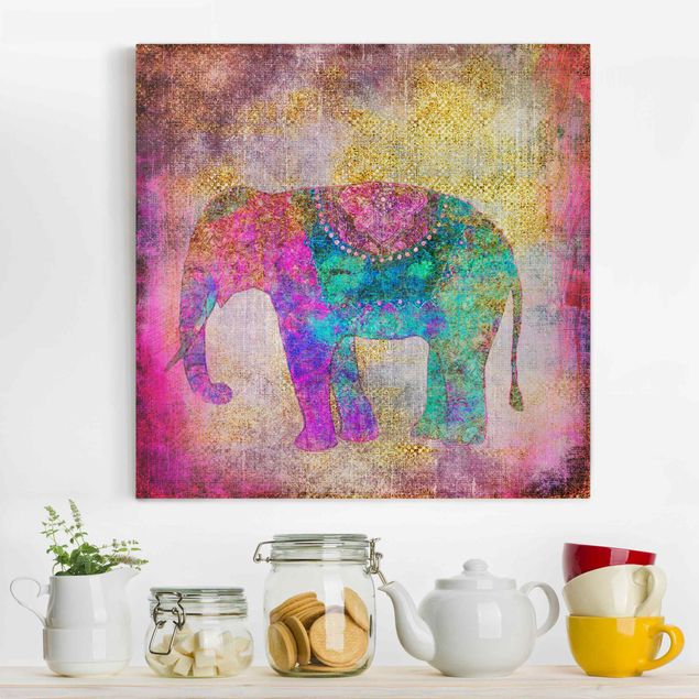 Canvastavlor elefanter Colourful Collage - Indian Elephant