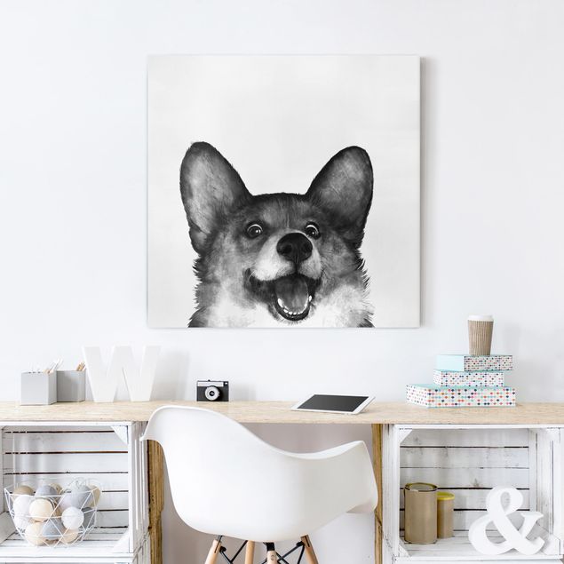Canvastavlor hundar Illustration Dog Corgi Black And White Painting