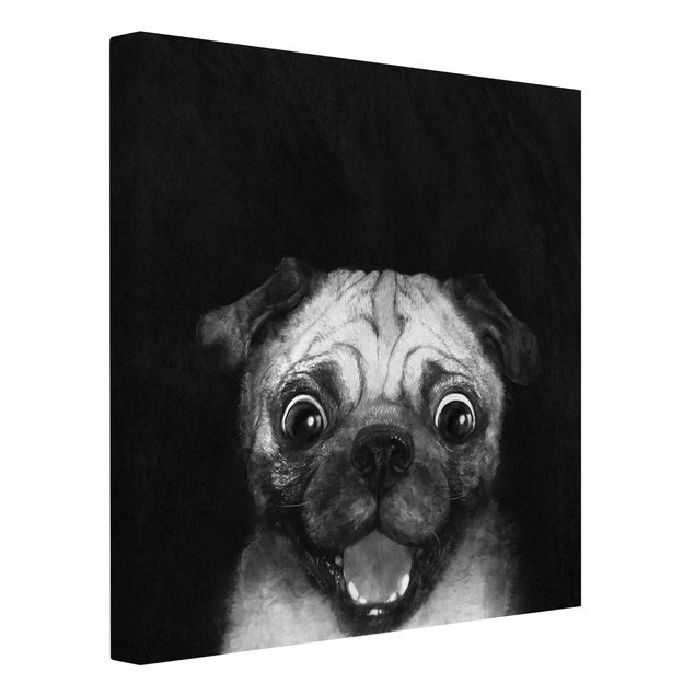 Canvastavlor svart och vitt Illustration Dog Pug Painting On Black And White