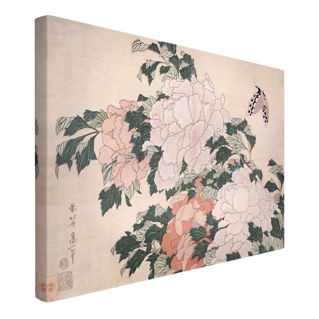 Konstutskrifter Katsushika Hokusai - Pink Peonies With Butterfly