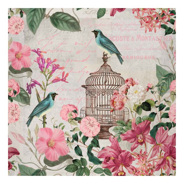 Tavlor blommor  Shabby Chic Collage - Pink Flowers And Blue Birds