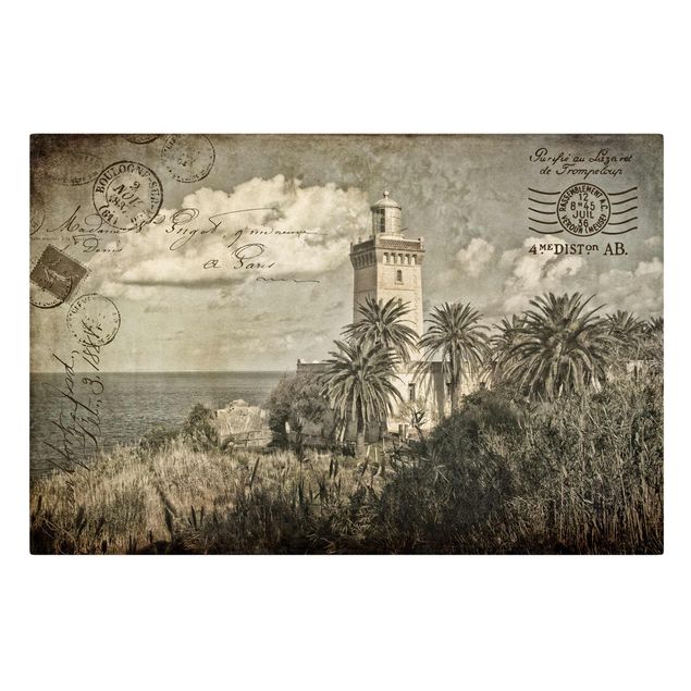 Canvastavlor konstutskrifter Vintage Postcard With Lighthouse And Palm Trees