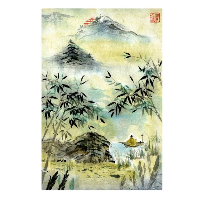 Canvastavlor bergen Japanese Watercolour Drawing Bamboo Forest