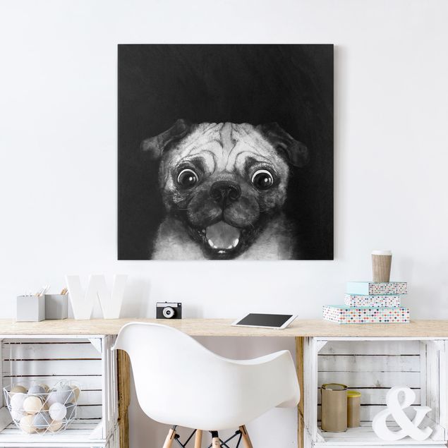 Canvastavlor hundar Illustration Dog Pug Painting On Black And White