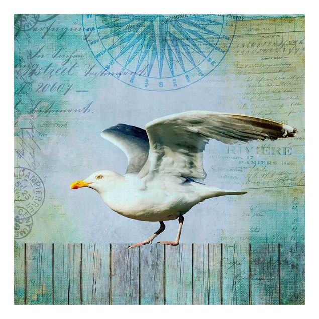 Canvastavlor vintage Vintage Collage - Seagull On Wooden Planks