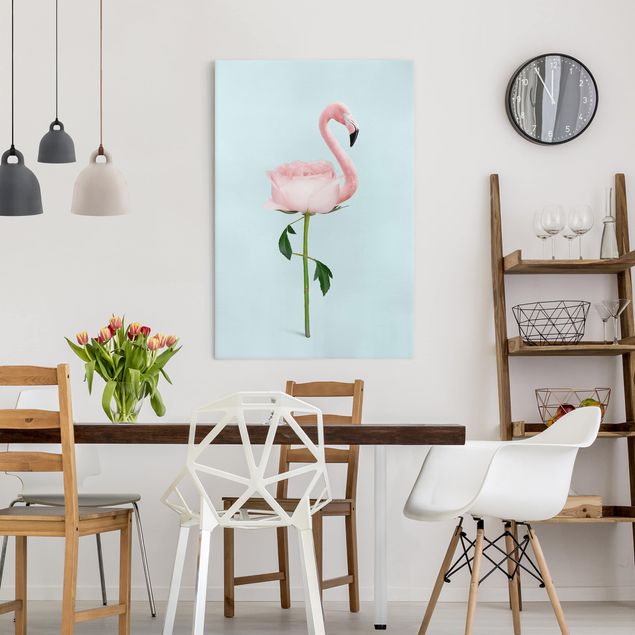 Canvastavlor fåglar Flamingo With Rose