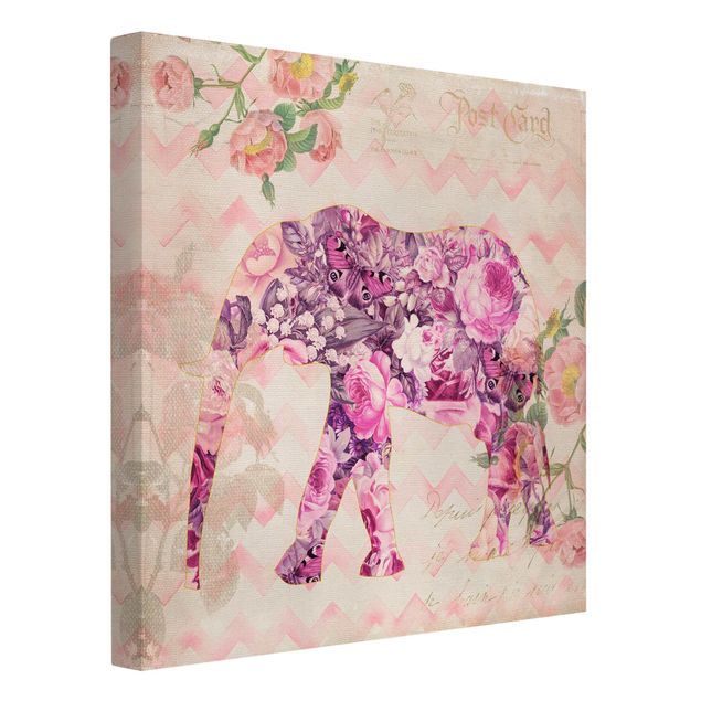 Canvastavlor rosor Vintage Collage - Pink Flowers Elephant