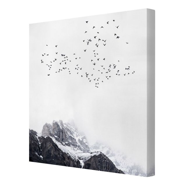 Canvastavlor svart och vitt Flock Of Birds In Front Of Mountains Black And White