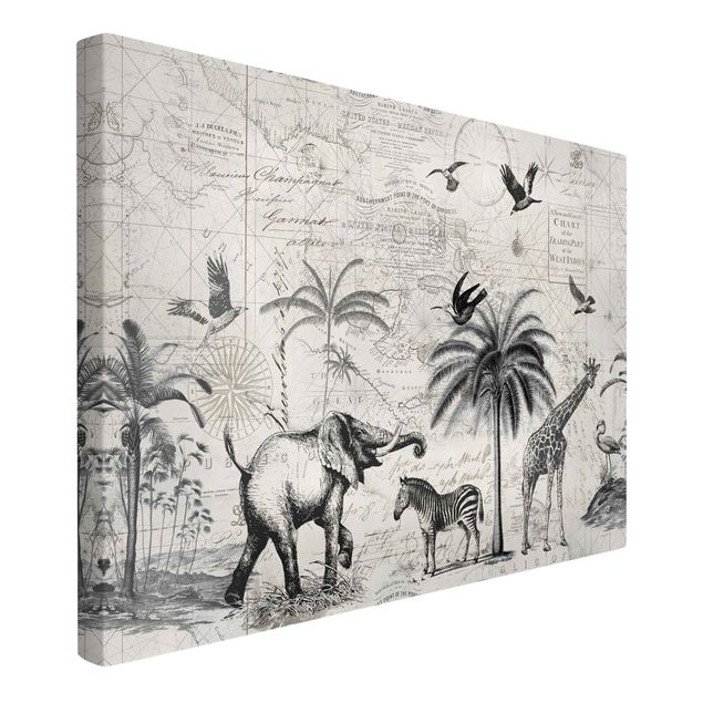 Canvastavlor giraffer Vintage Collage - Exotic Map