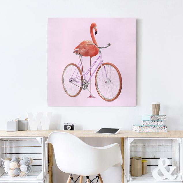 Canvastavlor fåglar Flamingo With Bicycle
