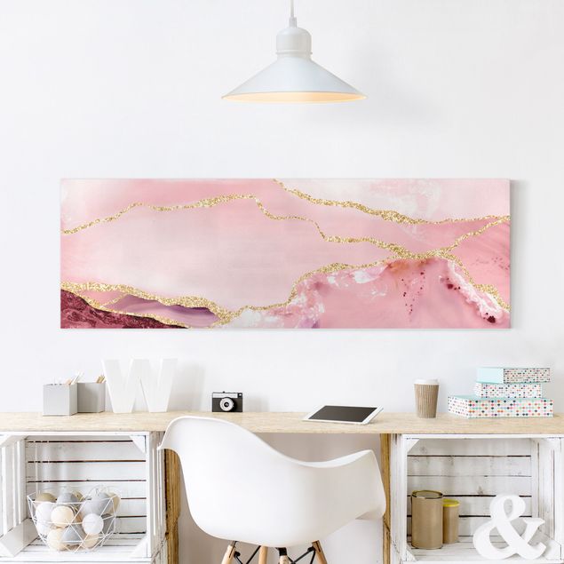Canvastavlor bergen Abstract Mountains Pink With Golden Lines