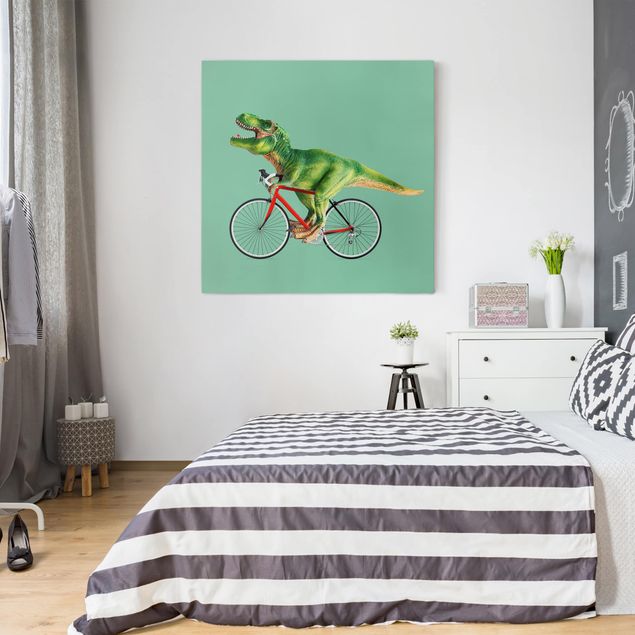 Canvastavlor konstutskrifter Dinosaur With Bicycle