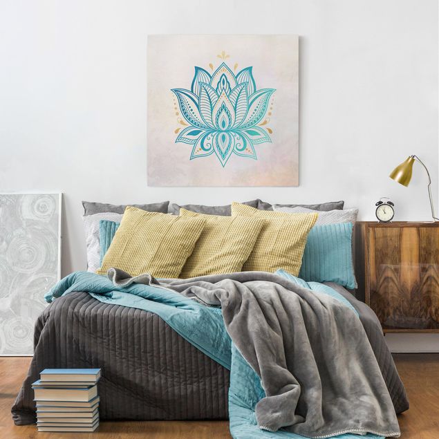 Canvastavlor andlig Lotus Illustration Mandala Gold Blue