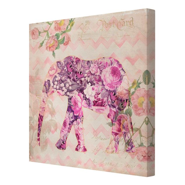 Tavlor fjärilar Vintage Collage - Pink Flowers Elephant