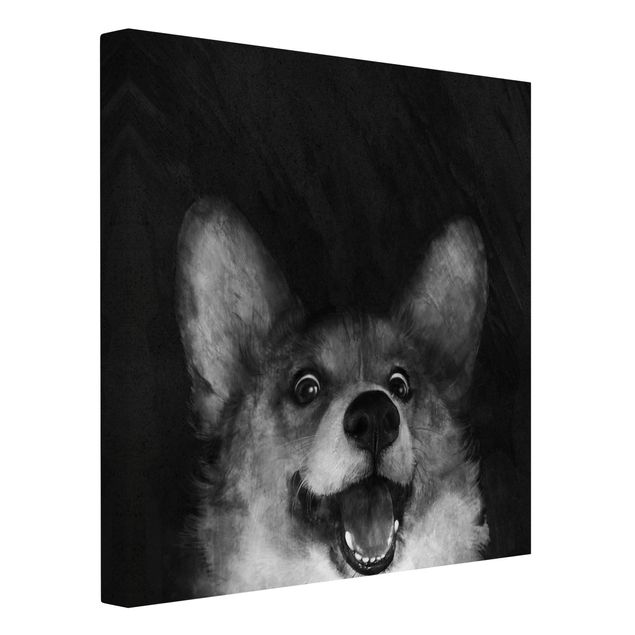 Canvastavlor svart och vitt Illustration Dog Corgi Paintig Black And White