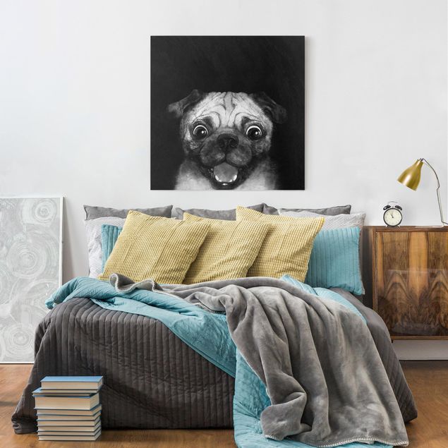 Tavlor hundar Illustration Dog Pug Painting On Black And White
