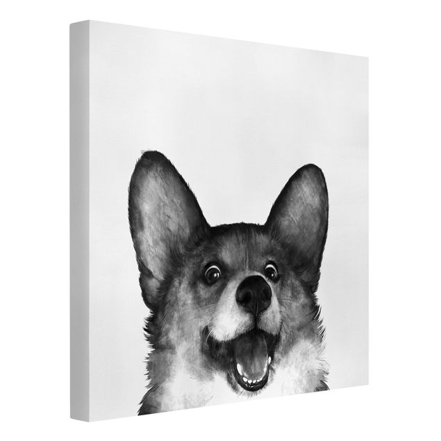 Canvastavlor svart och vitt Illustration Dog Corgi Black And White Painting