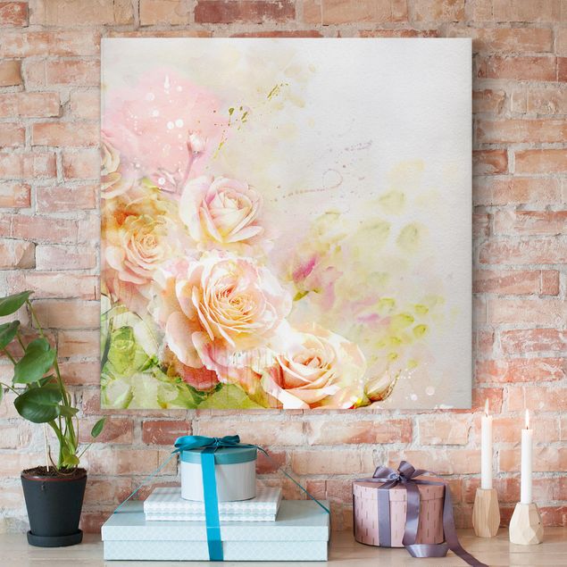 Canvastavlor rosor Watercolour Rose Composition