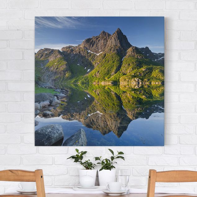 Canvastavlor bergen Mountain Landscape With Water Reflection In Norway