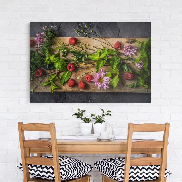 Canvastavlor grönsaker och frukt Flowers Raspberries Mint