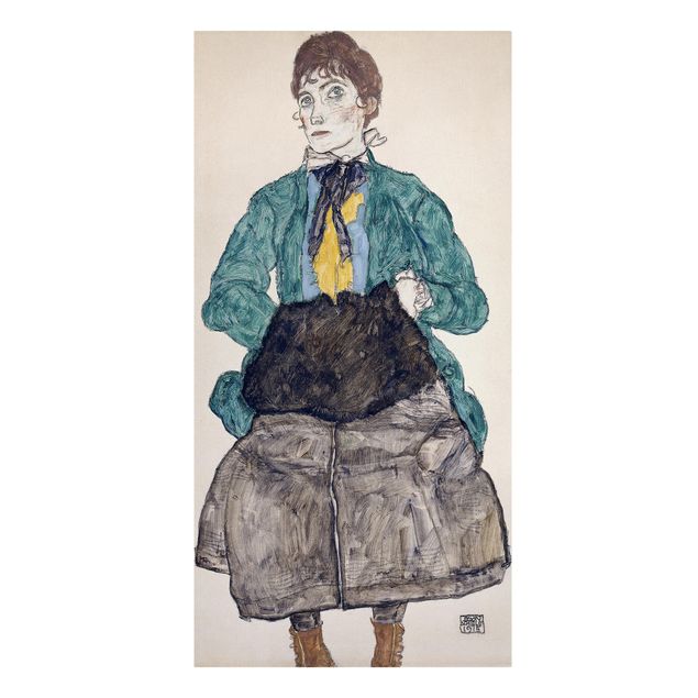 Canvastavlor konstutskrifter Egon Schiele - Woman In Green Blouse With Muff