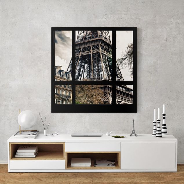 Canvastavlor Paris Window view Paris - Near the Eiffel Tower black and white