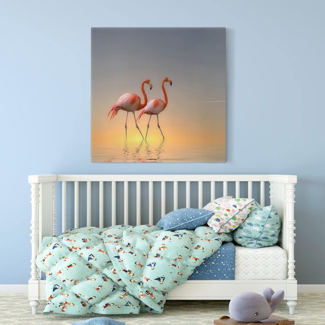 Canvastavlor solnedgångar Flamingo Love
