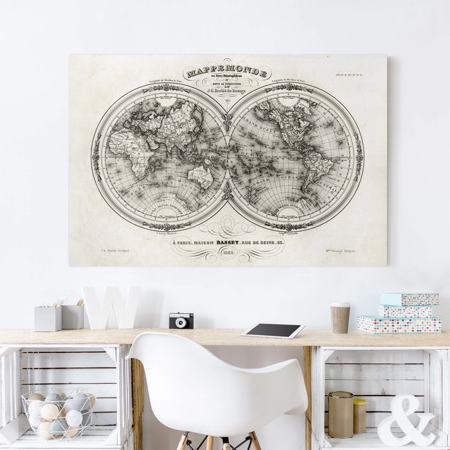 Canvastavlor svart och vitt French map of the hemispheres from 1848