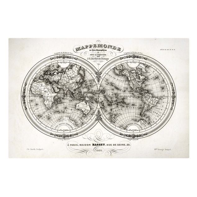 Tavlor svart och vitt French map of the hemispheres from 1848