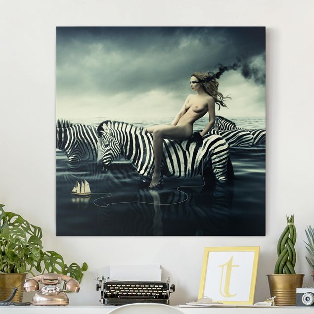 Kök dekoration Woman Posing With Zebras