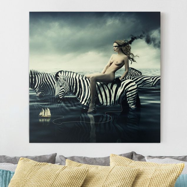 Canvastavlor zebror Woman Posing With Zebras