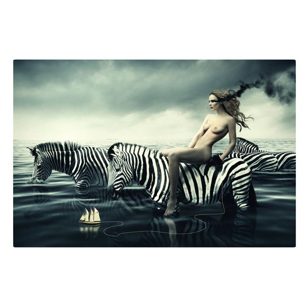 Canvastavlor djur Woman Posing With Zebras