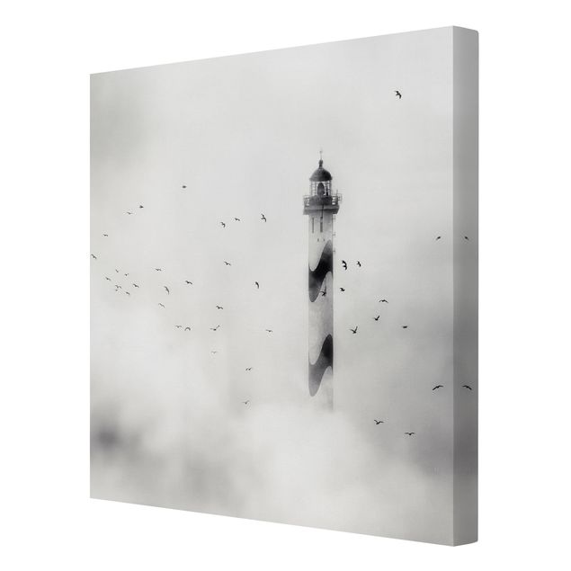 Canvastavlor svart och vitt Lighthouse In The Fog