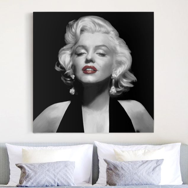 Canvastavlor svart och vitt Marilyn With Red Lips