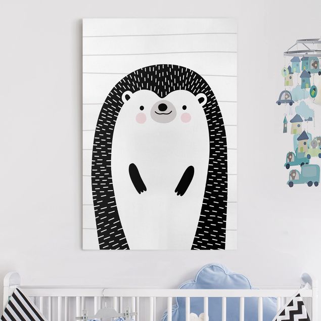 Canvastavlor svart och vitt Zoo With Patterns - Hedgehog