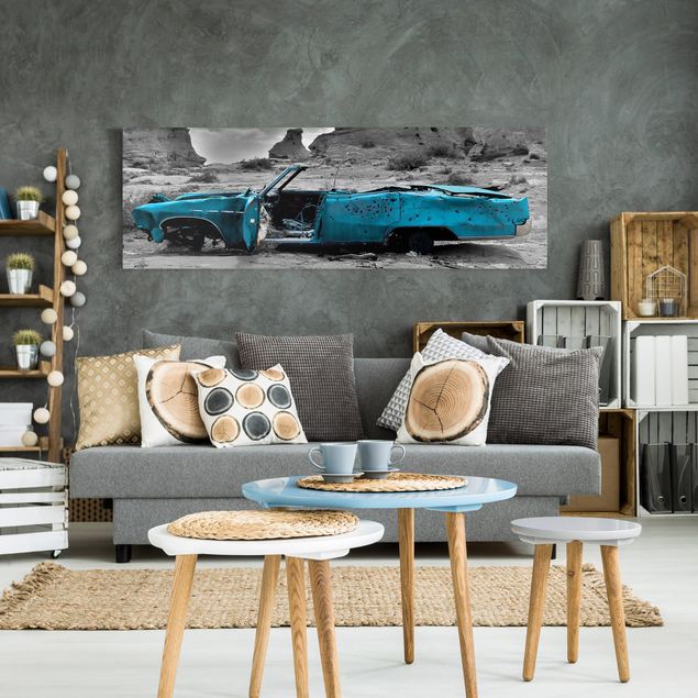 Canvastavlor svart och vitt Turquoise Cadillac