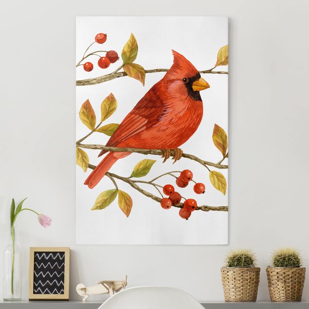 Canvastavlor fåglar Birds And Berries - Northern Cardinal