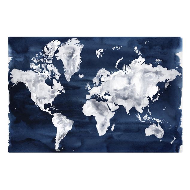 Tavlor blå Water World Map Dark