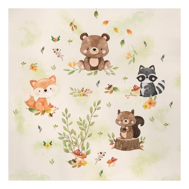 Canvastavlor landskap Forest Animals Autumn Bear Squirrel Raccoon