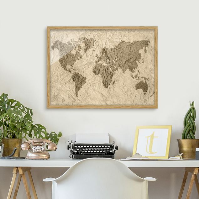 Tavlor med ram världskartor Paper World Map Beige Brown