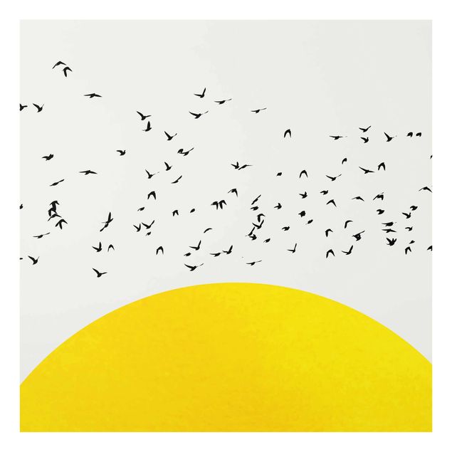 Glastavlor djur Flock Of Birds In Front Of Yellow Sun