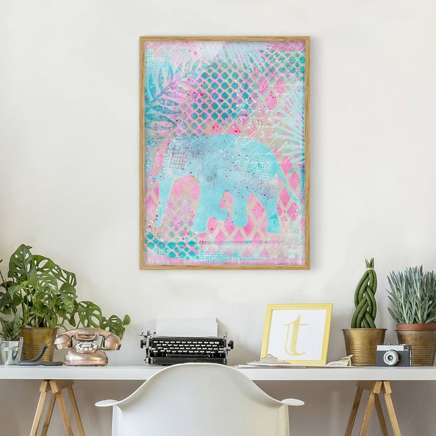 Tavlor landskap Colourful Collage - Elephant In Blue And Pink
