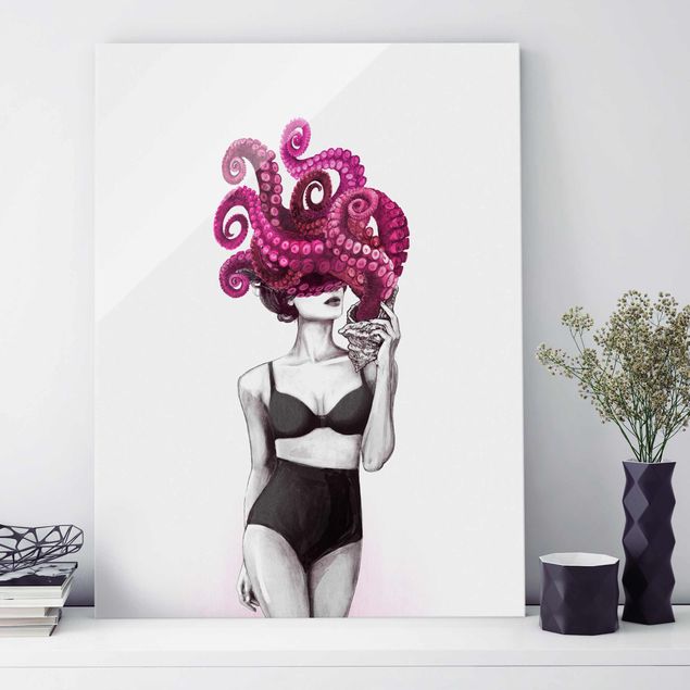 Glas Magnetboard Illustration Woman In Underwear Black And White Octopus
