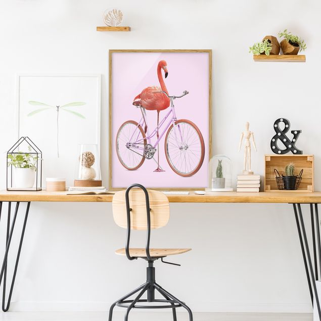 Tavlor med ram djur Flamingo With Bicycle