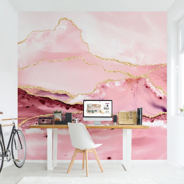 Fototapeter marmor utseende Abstract Mountains Pink With Golden Lines